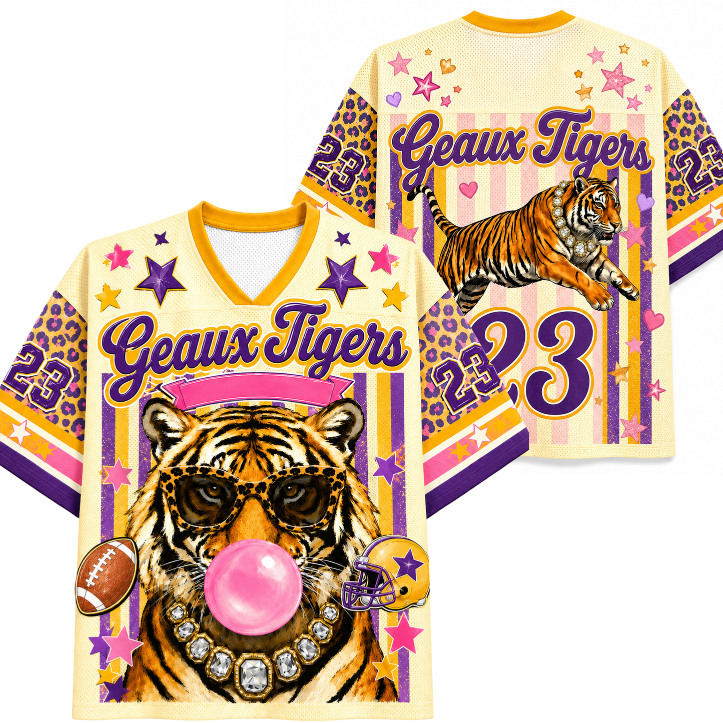 Colorful sports jerseys with tiger graphics and 'Geaux Tigers' text on a white background