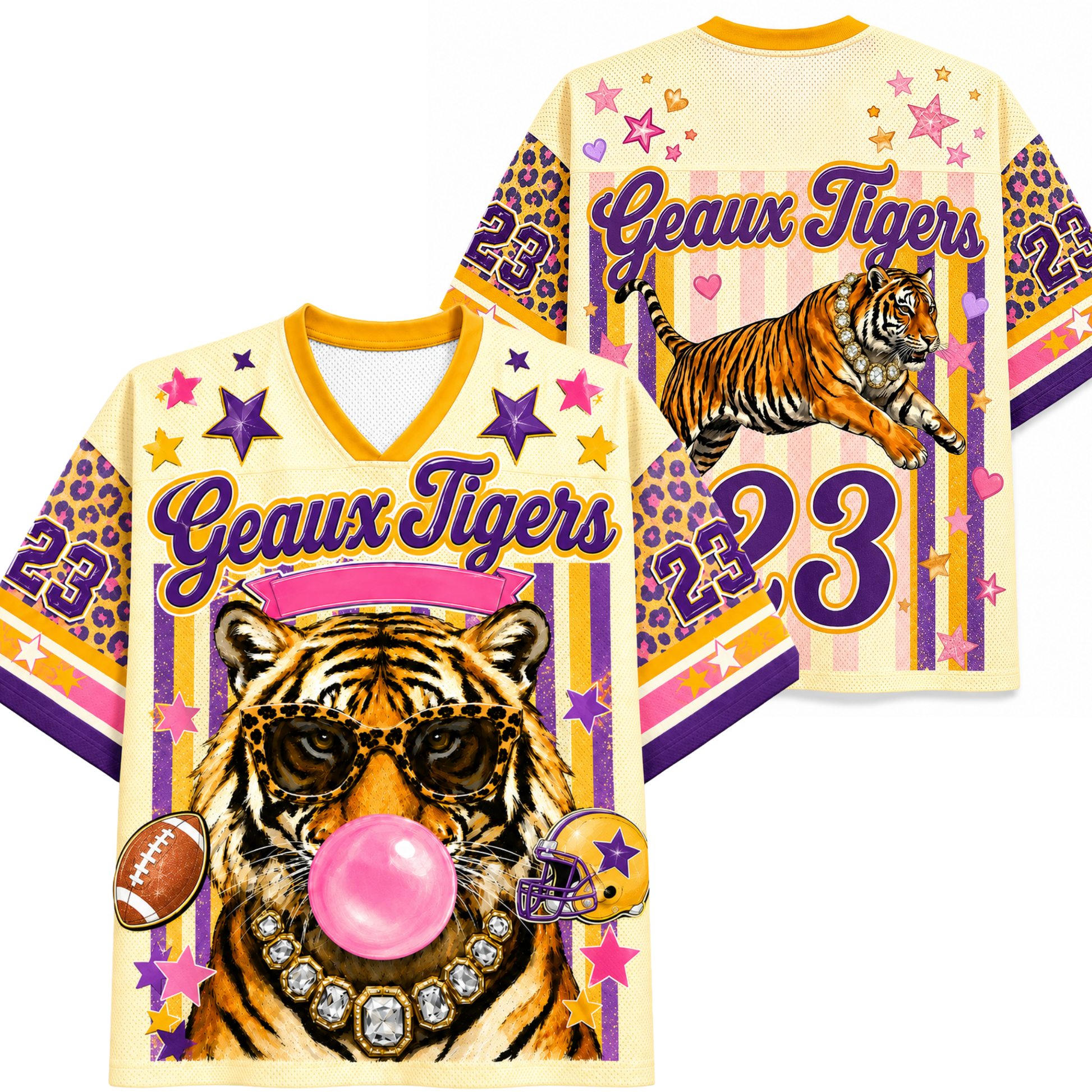 Colorful sports jerseys with tiger graphics and 'Geaux Tigers' text on a white background