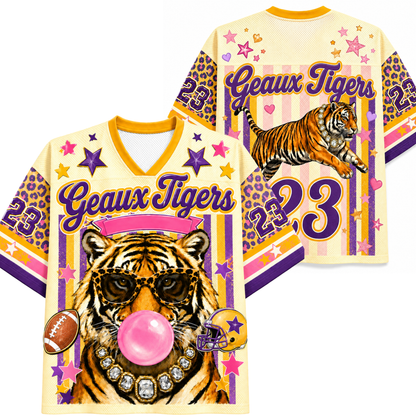 Colorful sports jerseys with tiger graphics and 'Geaux Tigers' text on a white background