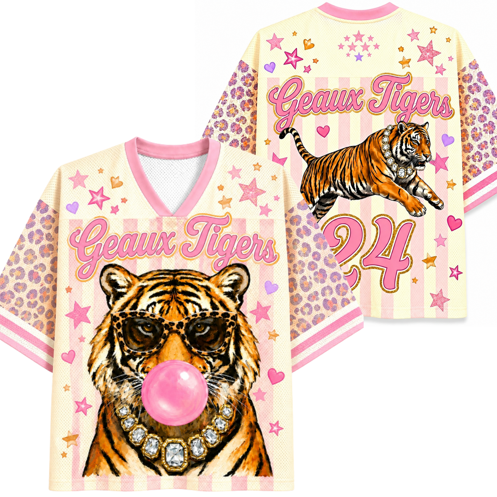 Colorful sports jersey with tiger design and 'Geaux Tigers' text on a white background