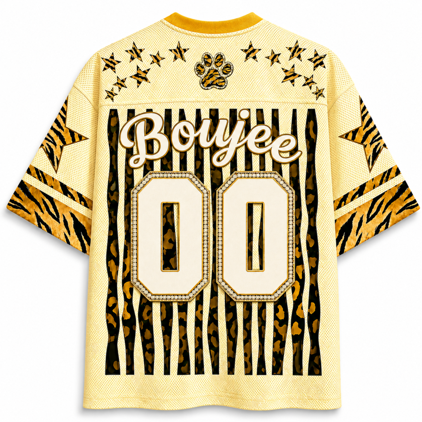 ChaoticClub mesh jersey back view showing BonJee number 00 design with tiger stripe pattern and retro glam aesthetic