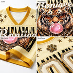 ChaoticClub mesh jersey fabric close up showing breathable Bird’s Eye Pique texture with gold leopard pattern and premium print quality