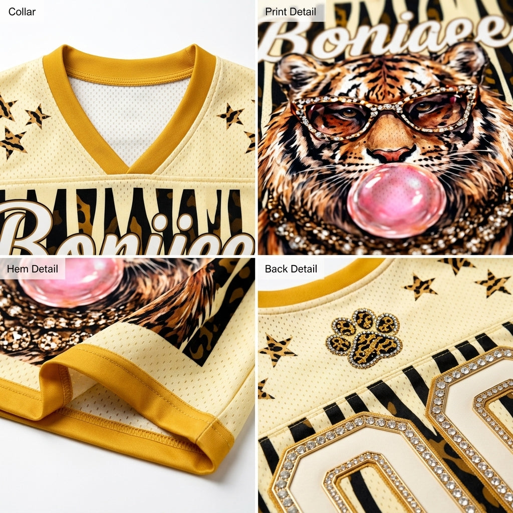 ChaoticClub mesh jersey fabric close up showing breathable Bird’s Eye Pique texture with gold leopard pattern and premium print quality