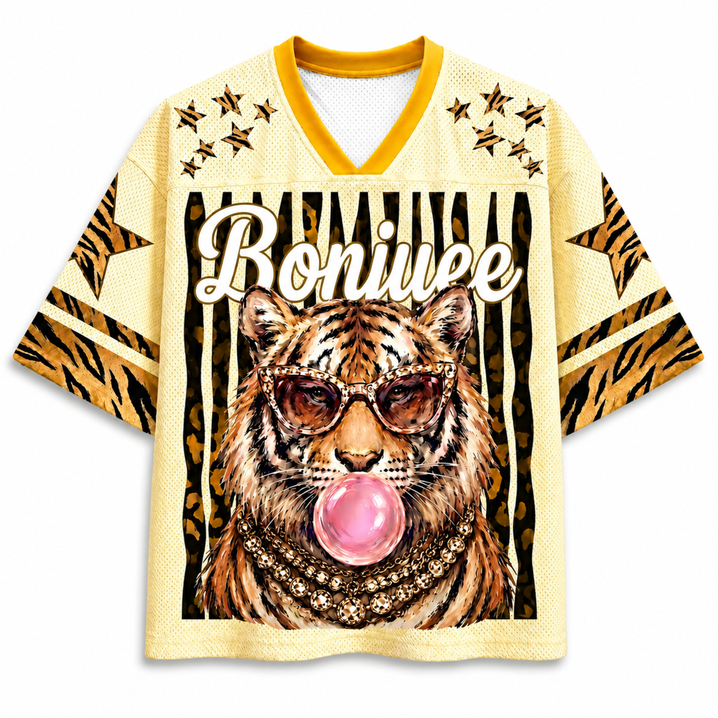 ChaoticClub Glam Tiger Bumblegum Leopard Mesh Jersey front view featuring bold tiger face graphic with gold leopard pattern and vintage streetwear typography