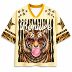 ChaoticClub Glam Tiger Bumblegum Leopard Mesh Jersey front view featuring bold tiger face graphic with gold leopard pattern and vintage streetwear typography