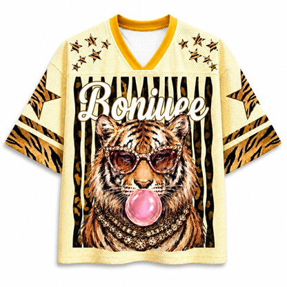 ChaoticClub Glam Tiger Bumblegum Leopard Mesh Jersey front view featuring bold tiger face graphic with gold leopard pattern and vintage streetwear typography