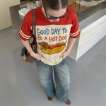 ChaoticClub Good Day To Be A Hot Dog Mesh Jersey, vintage athletic oversized jersey on cream and red breathable mesh featuring a whimsical dachshund in a bun graphic with playful "Good Day To Be A Hot Dog" text.