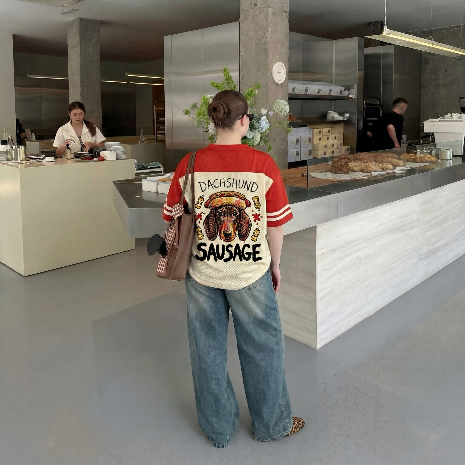ChaoticClub Good Day To Be A Hot Dog Mesh Jersey, vintage athletic oversized jersey on cream and red breathable mesh featuring a whimsical dachshund in a bun graphic with playful "Good Day To Be A Hot Dog" text.