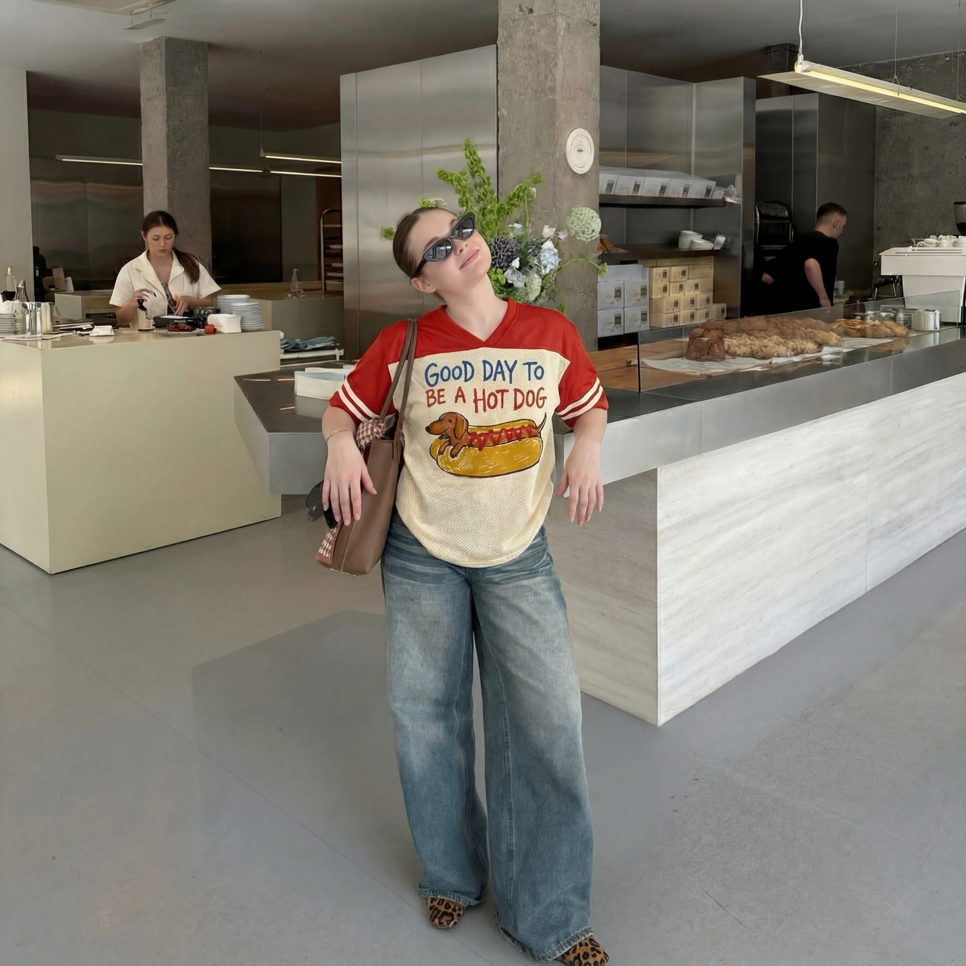 ChaoticClub Good Day To Be A Hot Dog Mesh Jersey, vintage athletic oversized jersey on cream and red breathable mesh featuring a whimsical dachshund in a bun graphic with playful "Good Day To Be A Hot Dog" text.