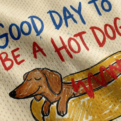 ChaoticClub Good Day To Be A Hot Dog Mesh Jersey, vintage athletic oversized jersey on cream and red breathable mesh featuring a whimsical dachshund in a bun graphic with playful "Good Day To Be A Hot Dog" text.