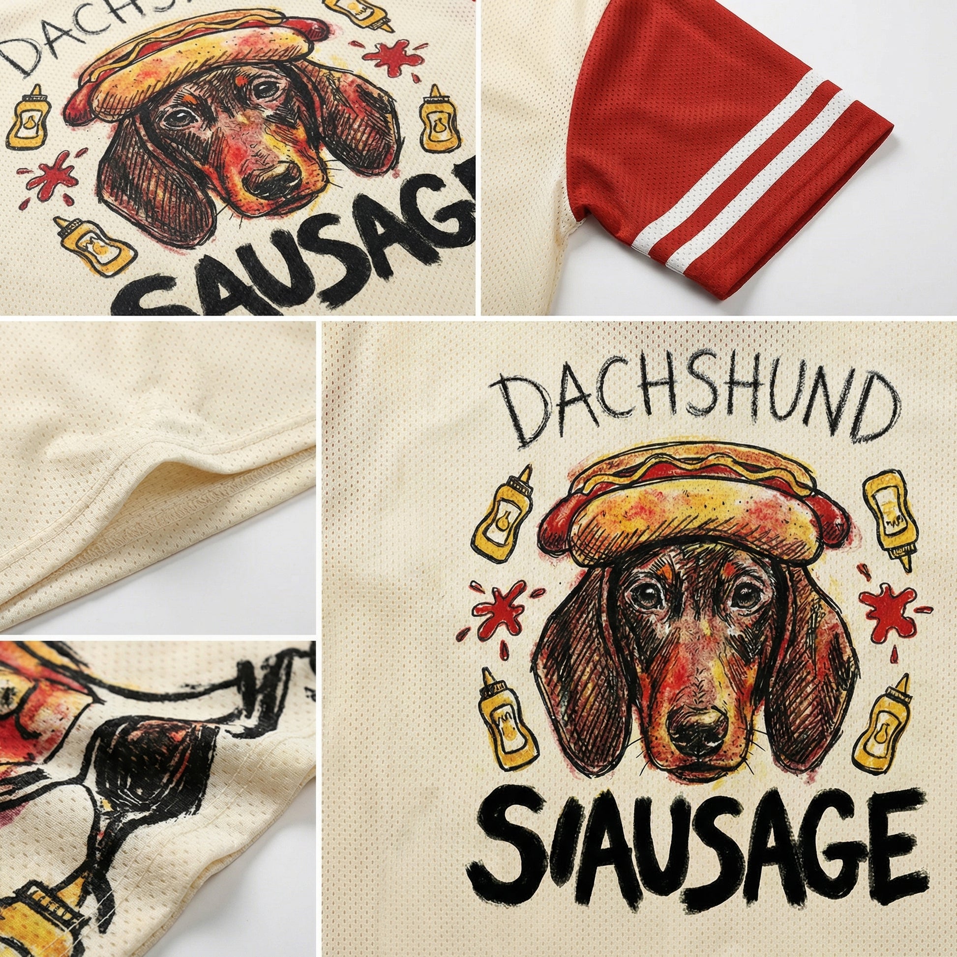 ChaoticClub Good Day To Be A Hot Dog Mesh Jersey, vintage athletic oversized jersey on cream and red breathable mesh featuring a whimsical dachshund in a bun graphic with playful "Good Day To Be A Hot Dog" text.