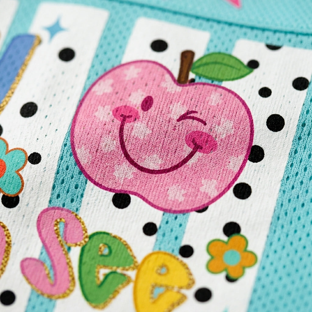  striped mesh jersey angled view featuring happy fruit characters, flowers, and playful retro cartoon aesthetic with bright summer colors