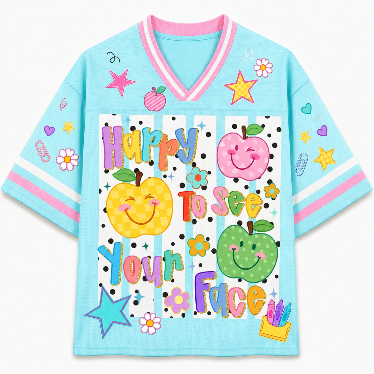 ChaoticClub Striped Happy To See Your Face Mesh Jersey front view featuring colorful fruit characters with smiling faces and playful typography on light blue background