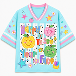 ChaoticClub Striped Happy To See Your Face Mesh Jersey front view featuring colorful fruit characters with smiling faces and playful typography on light blue background
