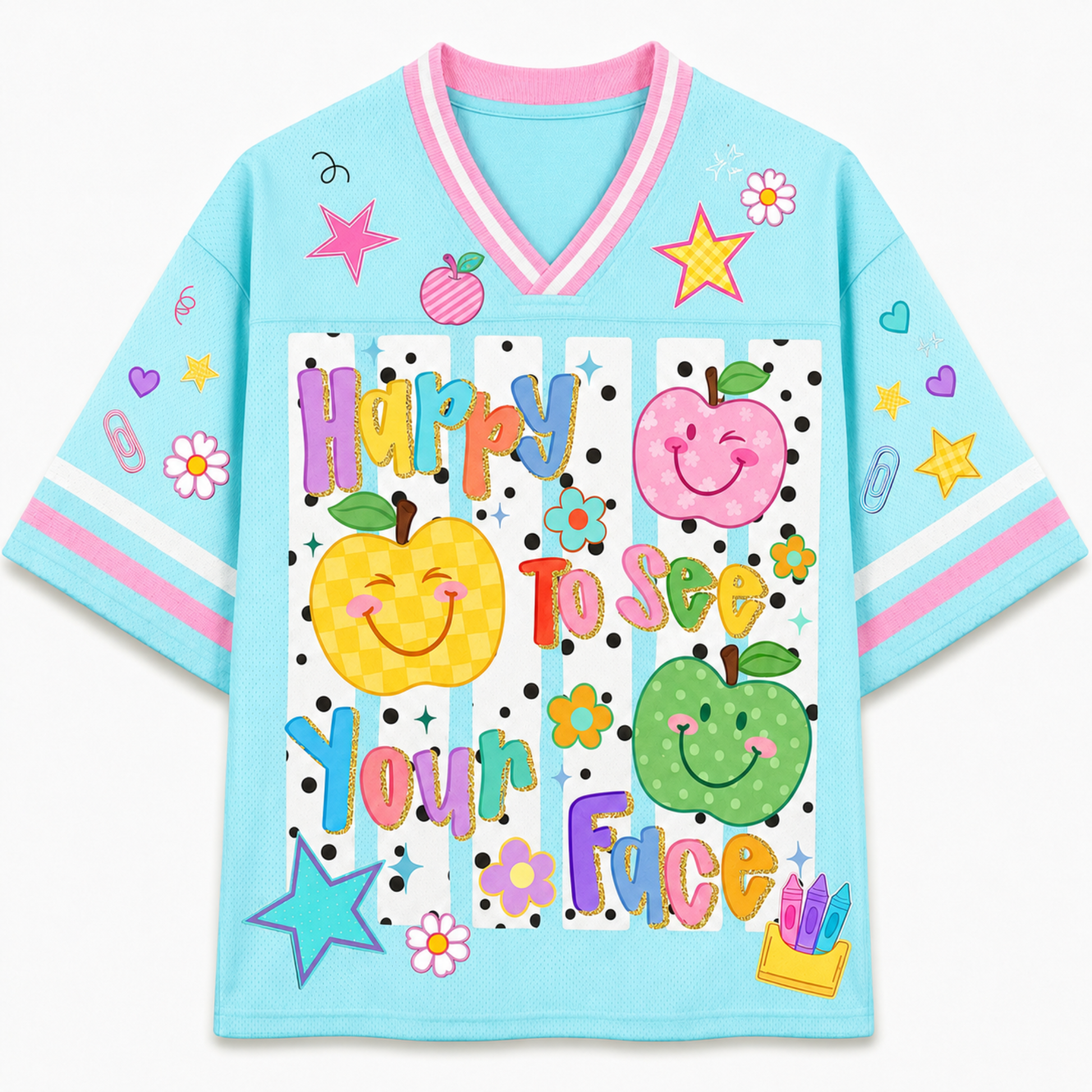ChaoticClub Striped Happy To See Your Face Mesh Jersey front view featuring colorful fruit characters with smiling faces and playful typography on light blue background