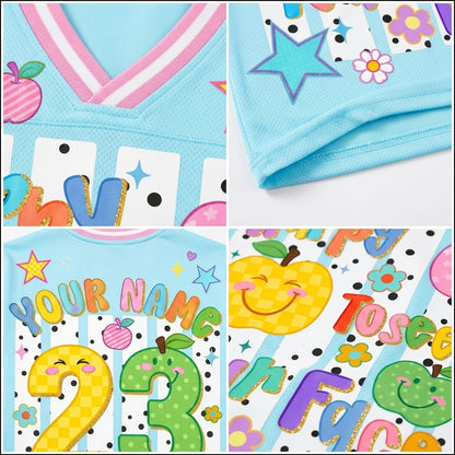 ChaoticClub Happy To See Your Face jersey close up showing high resolution fruit character print with smiling peach and apple illustrations and vibrant texture detail