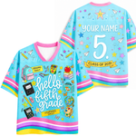 Front and back views of the blue ChaoticClub Hello Team Level Teacher Mesh Jersey. Front displays "hello PRE-K" with vibrant school graphics, while the back showcases custom name personalization and a large number 5 with a "CLASS OF 2031" banner.