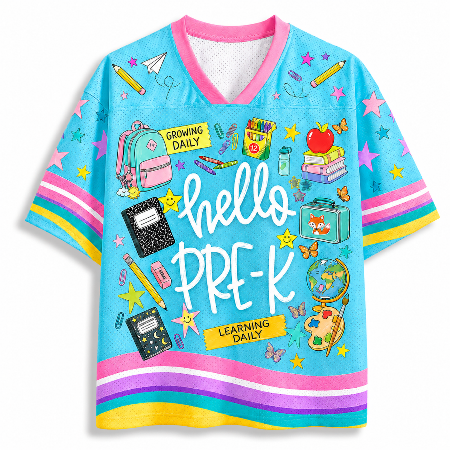 Front view of the light blue ChaoticClub Hello Team Level Teacher Mesh Jersey, featuring bold white "hello PRE-K" text surrounded by school supplies like a backpack, crayons, notebooks, an apple on books, a globe, and butterflies.