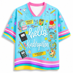 Front view of the light blue ChaoticClub Hello Team Level Teacher Mesh Jersey, featuring bold white "hello KINDERGARTEN" text surrounded by school supplies like a backpack, crayons, notebooks, an apple on books, a globe, and butterflies.