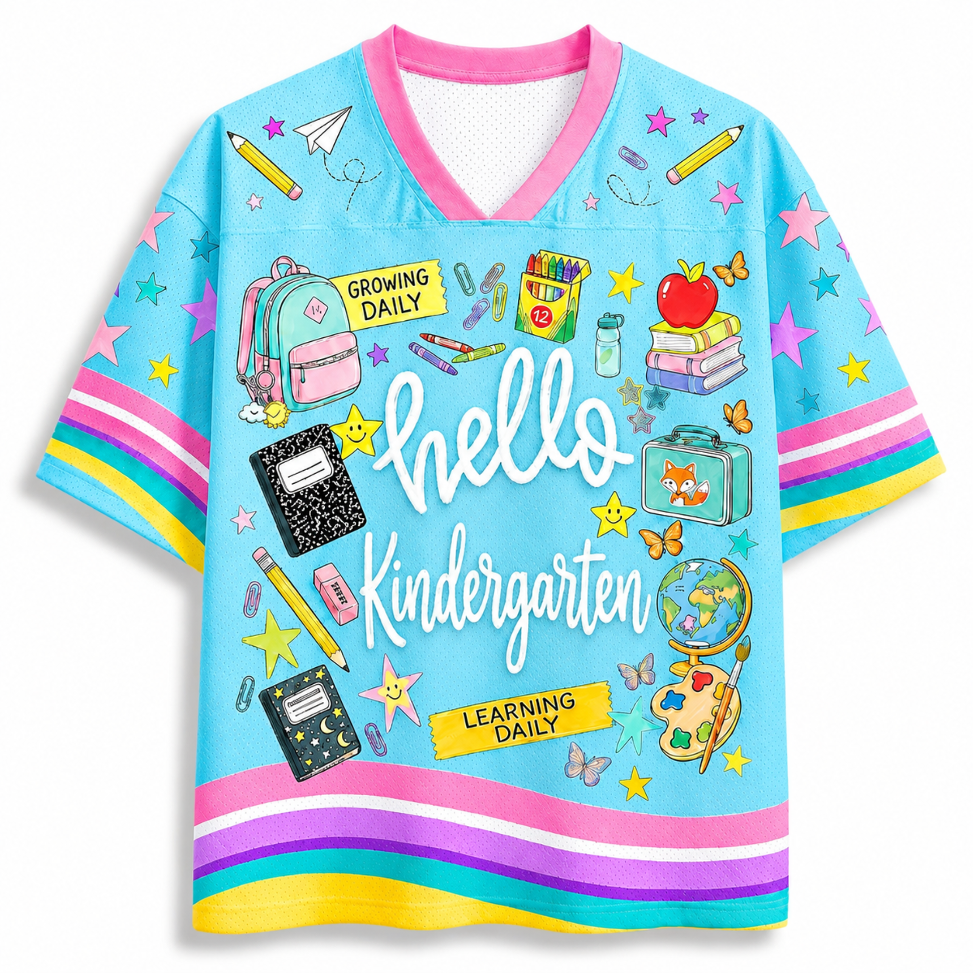 Front view of the light blue ChaoticClub Hello Team Level Teacher Mesh Jersey, featuring bold white "hello KINDERGARTEN" text surrounded by school supplies like a backpack, crayons, notebooks, an apple on books, a globe, and butterflies.