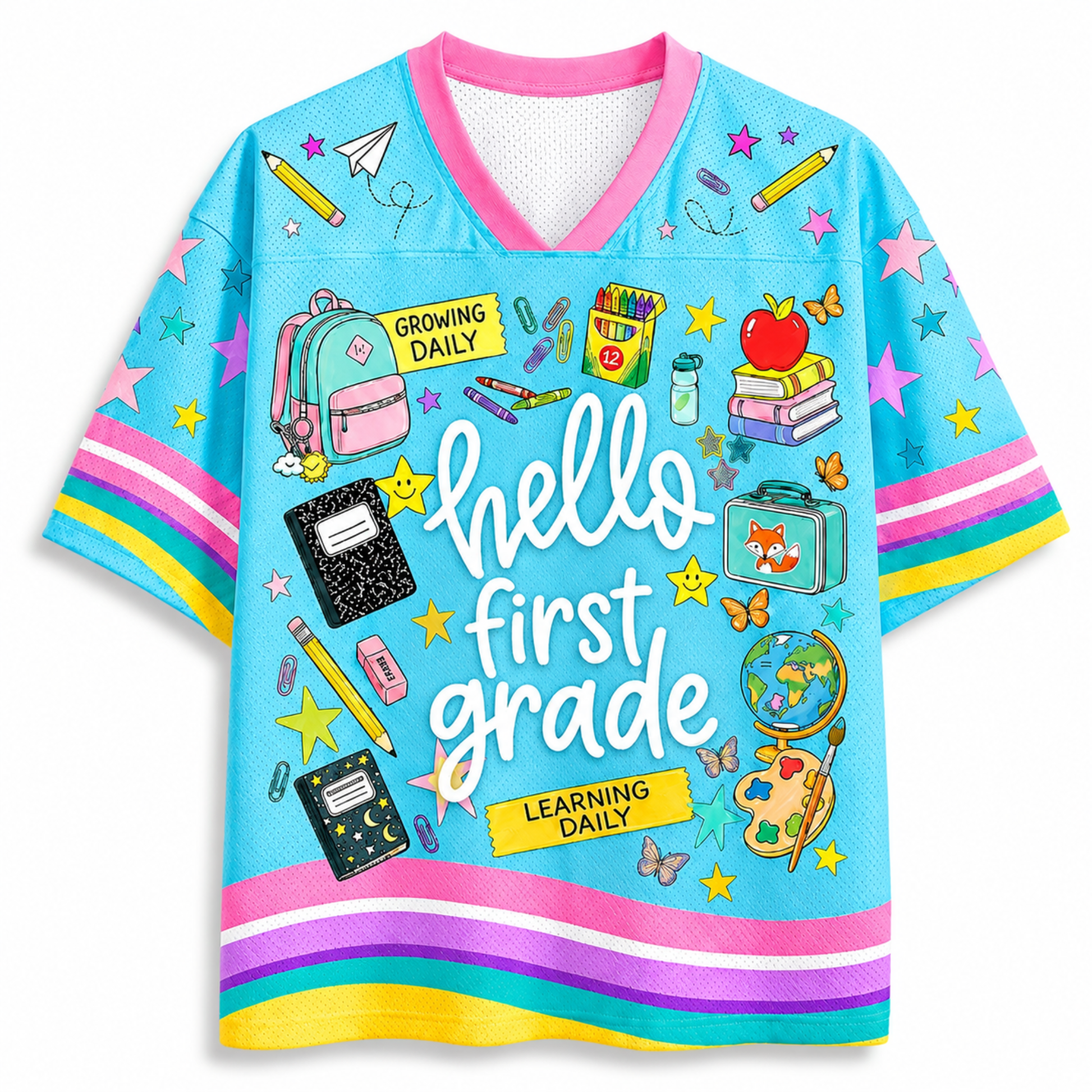 Front view of the light blue ChaoticClub Hello Team Level Teacher Mesh Jersey, featuring bold white "hello FIRST GRADE" text surrounded by school supplies like a backpack, crayons, notebooks, an apple on books, a globe, and butterflies.
