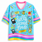 Front view of the light blue ChaoticClub Hello Team Level Teacher Mesh Jersey, featuring bold white "hello SECOND GRADE" text surrounded by school supplies like a backpack, crayons, notebooks, an apple on books, a globe, and butterflies.