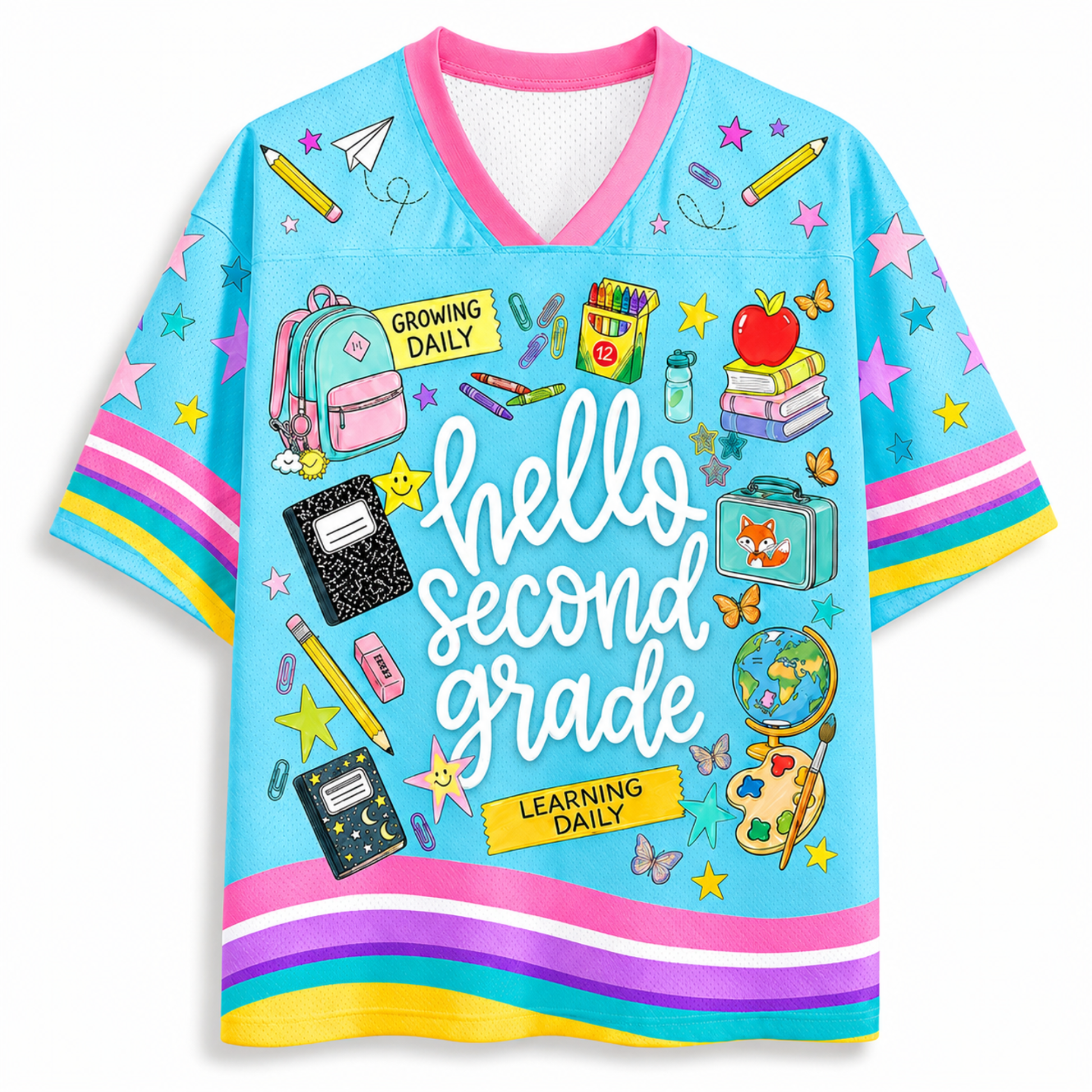 Front view of the light blue ChaoticClub Hello Team Level Teacher Mesh Jersey, featuring bold white "hello SECOND GRADE" text surrounded by school supplies like a backpack, crayons, notebooks, an apple on books, a globe, and butterflies.