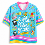 Front view of the light blue ChaoticClub Hello Team Level Teacher Mesh Jersey, featuring bold white "hello THIRD GRADE" text surrounded by school supplies like a backpack, crayons, notebooks, an apple on books, a globe, and butterflies.