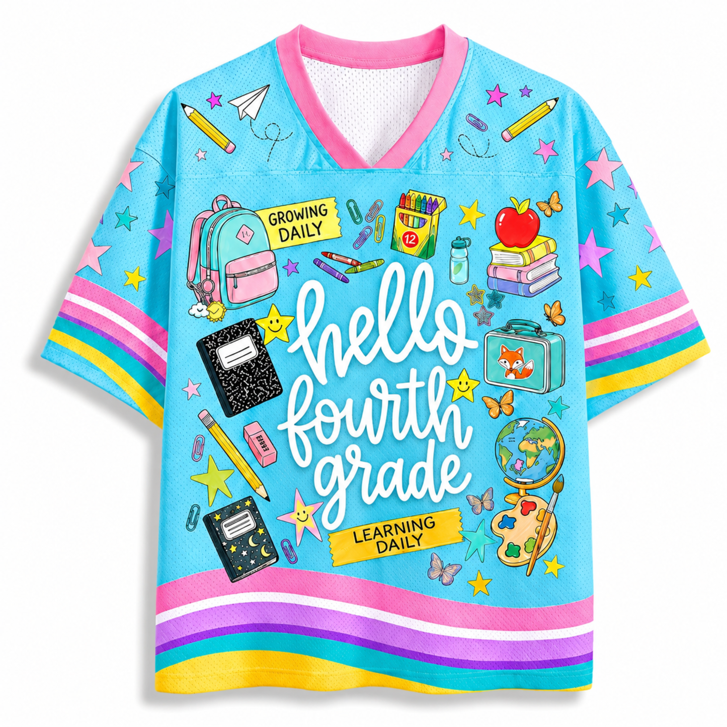 Front view of the light blue ChaoticClub Hello Team Level Teacher Mesh Jersey, featuring bold white "hello FOURTH GRADE" text surrounded by school supplies like a backpack, crayons, notebooks, an apple on books, a globe, and butterflies.
