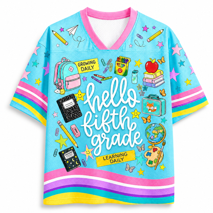 Front view of the light blue ChaoticClub Hello Team Level Teacher Mesh Jersey, featuring bold white "hello FIFTH GRADE" text surrounded by school supplies like a backpack, crayons, notebooks, an apple on books, a globe, and butterflies.