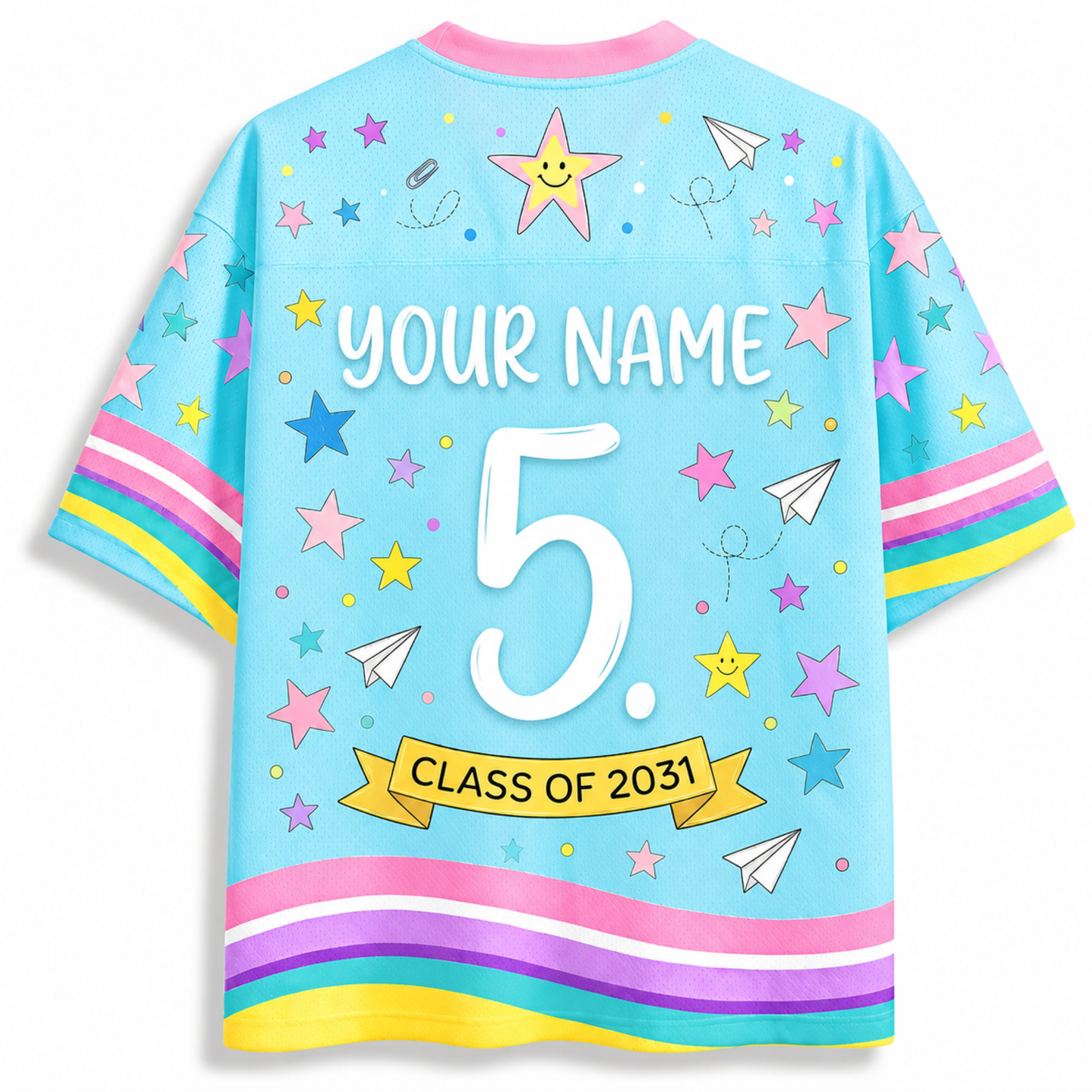 Back view of the ChaoticClub Hello Team Level Teacher Mesh Jersey, displaying customizable "YOUR NAME" text, a large white number 5, and a yellow banner reading "CLASS OF 2031" amidst colorful stars and paper airplanes.