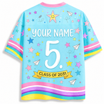 Back view of the ChaoticClub Hello Team Level Teacher Mesh Jersey, displaying customizable "YOUR NAME" text, a large white number 5, and a yellow banner reading "CLASS OF 2031" amidst colorful stars and paper airplanes.