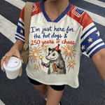 ChaoticClub Here For Hot Dogs & Chaos Possum Mesh Jersey, vintage athletic oversized jersey on patriotic cream, red, and blue breathable mesh featuring an opossum with a hot dog and sparkler amidst fireworks with "250 years of chaos" text.