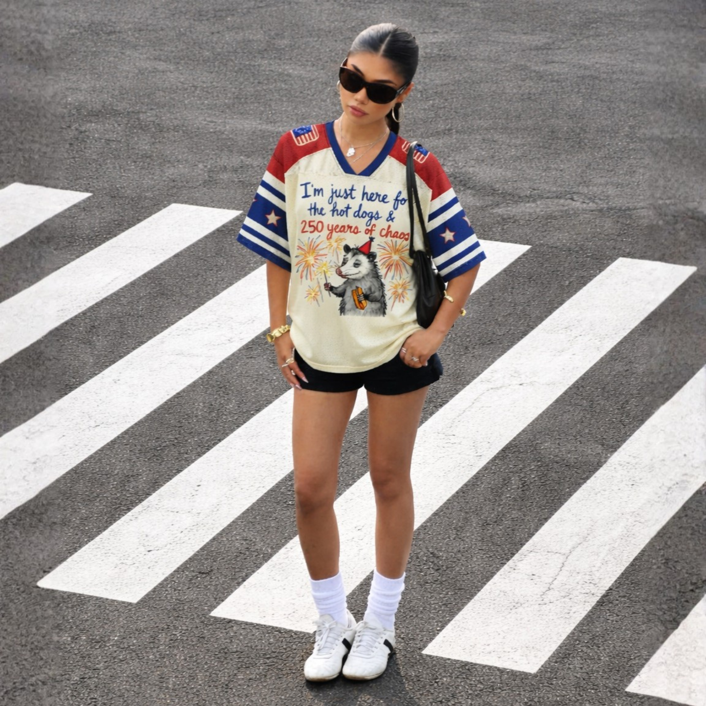 ChaoticClub Here For Hot Dogs & Chaos Possum Mesh Jersey, vintage athletic oversized jersey on patriotic cream, red, and blue breathable mesh featuring an opossum with a hot dog and sparkler amidst fireworks with "250 years of chaos" text.