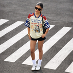 ChaoticClub Here For Hot Dogs & Chaos Possum Mesh Jersey, vintage athletic oversized jersey on patriotic cream, red, and blue breathable mesh featuring an opossum with a hot dog and sparkler amidst fireworks with "250 years of chaos" text.