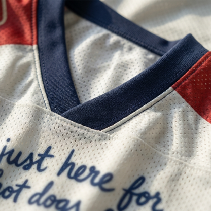 ChaoticClub Here For Hot Dogs & Chaos Possum Mesh Jersey, vintage athletic oversized jersey on patriotic cream, red, and blue breathable mesh featuring an opossum with a hot dog and sparkler amidst fireworks with "250 years of chaos" text.