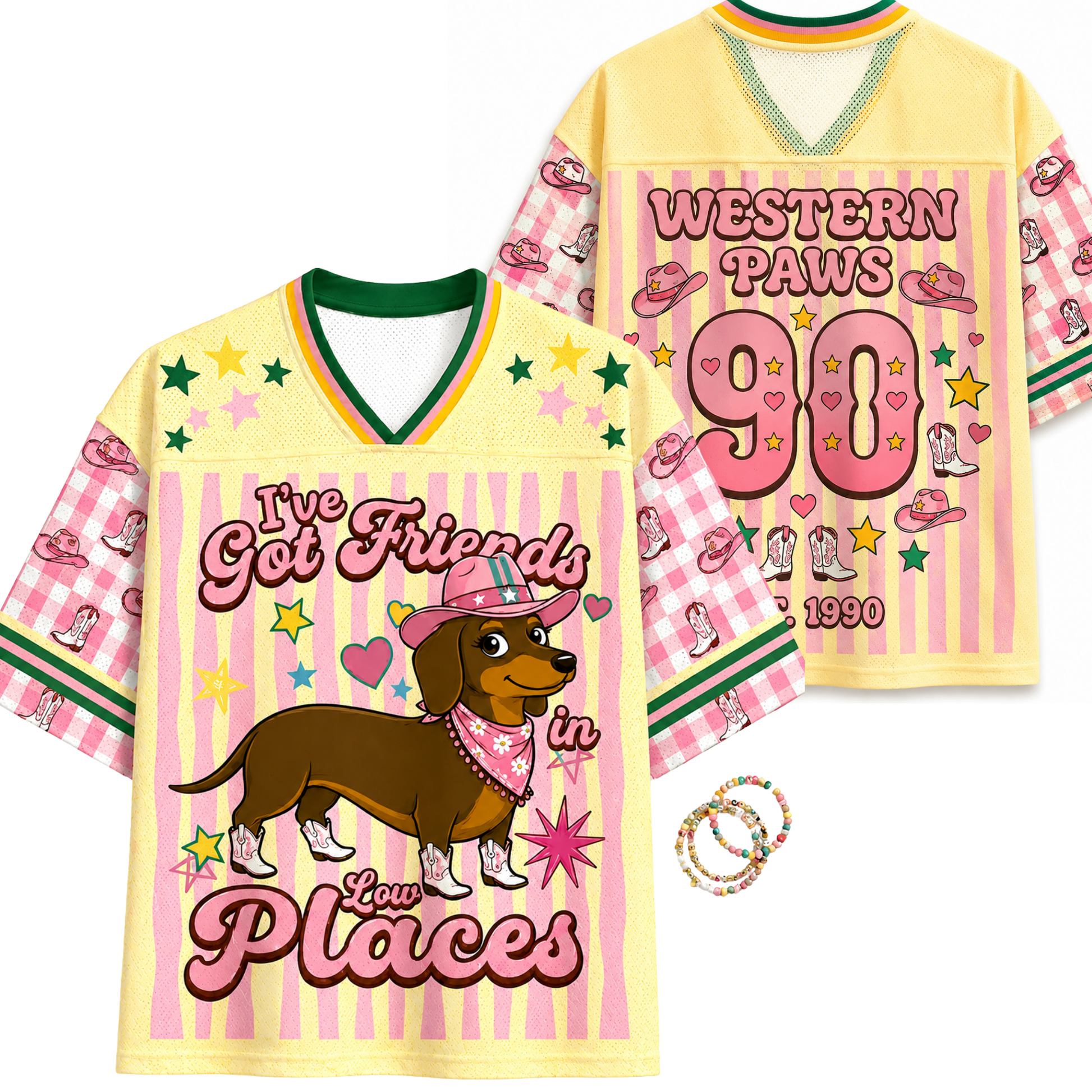 Two colorful shirts with graphics and text, one featuring a dachshund and the other with 'Western Paws 90' text.