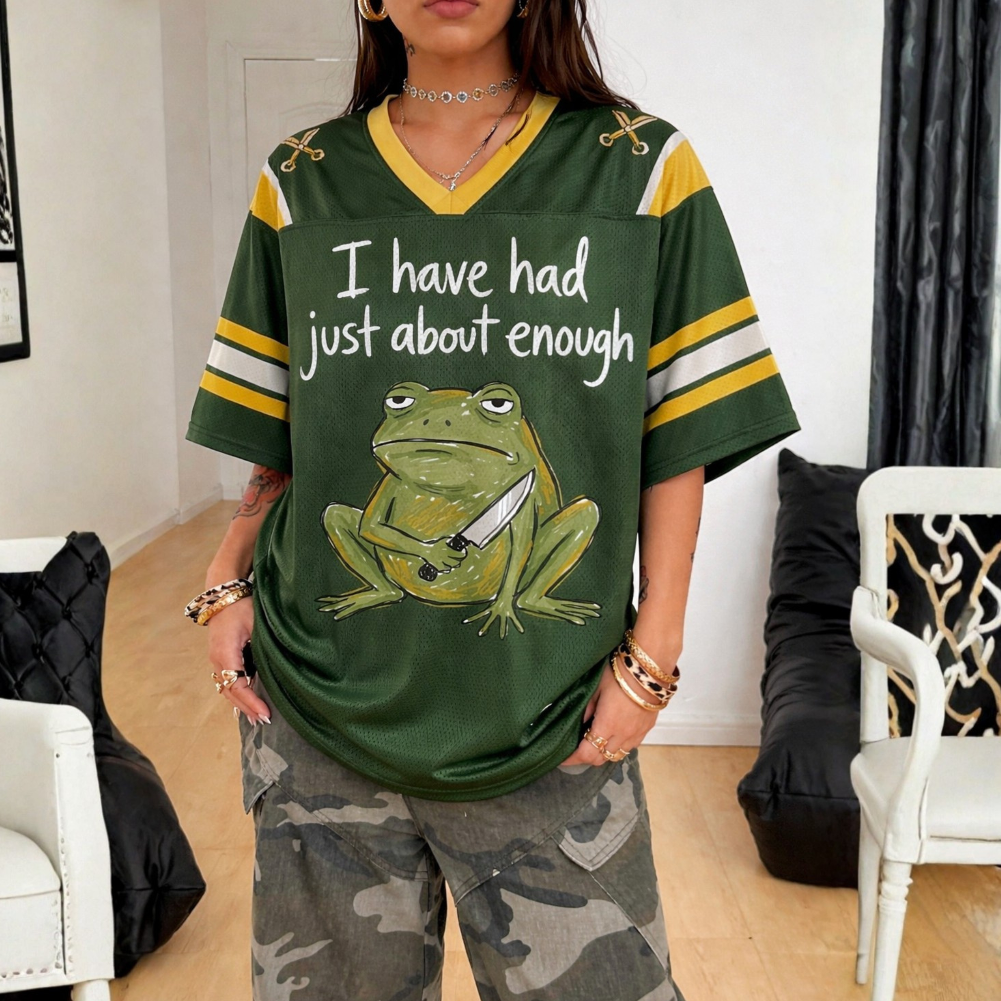 ChaoticClub I’ve Had Enough Frog Mesh Jersey, vintage athletic oversized jersey on forest green and yellow breathable mesh featuring a grumpy frog holding a knife with "I have had just about enough" sarcastic text.