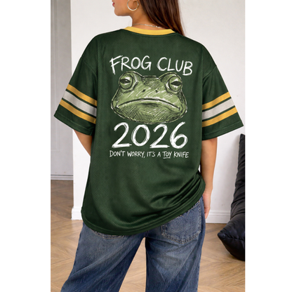 ChaoticClub I’ve Had Enough Frog Mesh Jersey, vintage athletic oversized jersey on forest green and yellow breathable mesh featuring a grumpy frog holding a knife with "I have had just about enough" sarcastic text.