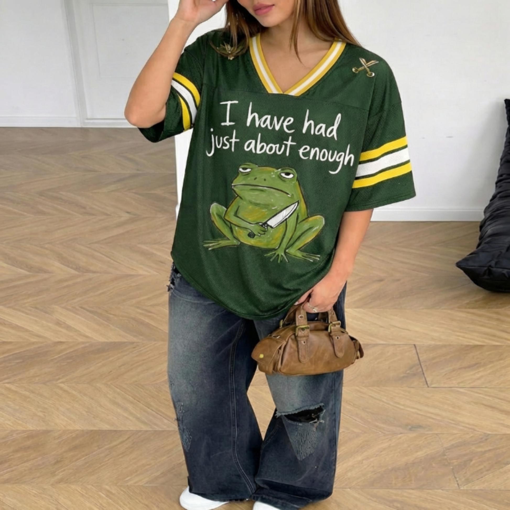 ChaoticClub I’ve Had Enough Frog Mesh Jersey, vintage athletic oversized jersey on forest green and yellow breathable mesh featuring a grumpy frog holding a knife with "I have had just about enough" sarcastic text.