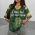 ChaoticClub I’ve Had Enough Frog Mesh Jersey, vintage athletic oversized jersey on forest green and yellow breathable mesh featuring a grumpy frog holding a knife with "I have had just about enough" sarcastic text.