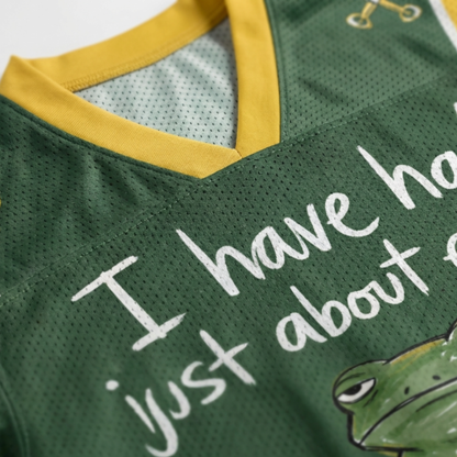 ChaoticClub I’ve Had Enough Frog Mesh Jersey, vintage athletic oversized jersey on forest green and yellow breathable mesh featuring a grumpy frog holding a knife with "I have had just about enough" sarcastic text.