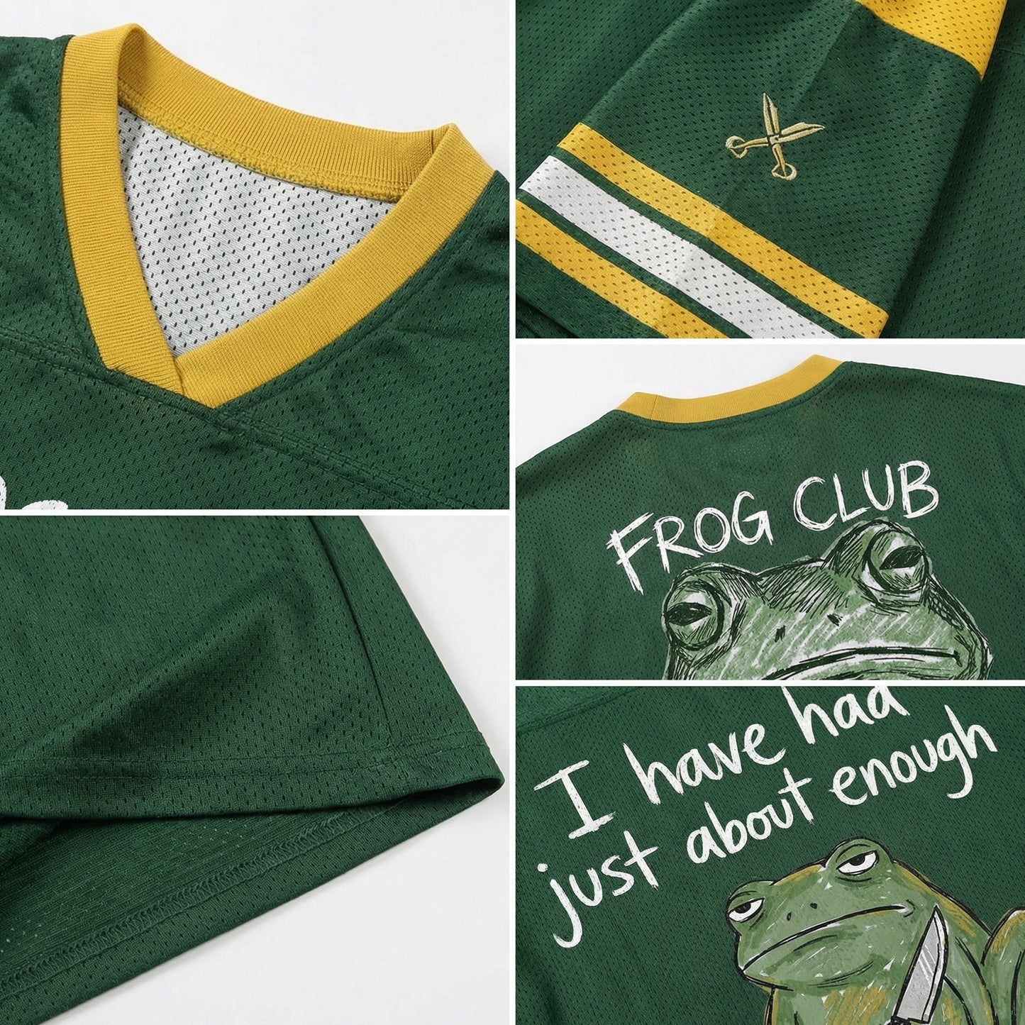 ChaoticClub I’ve Had Enough Frog Mesh Jersey, vintage athletic oversized jersey on forest green and yellow breathable mesh featuring a grumpy frog holding a knife with "I have had just about enough" sarcastic text.