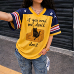ChaoticClub If You Need Me Don’t Cat Meme Mesh Jersey, vintage athletic oversized jersey on yellow and navy blue breathable mesh featuring a black cat sitting on a chair with "if you need me, don't" funny sarcastic text.