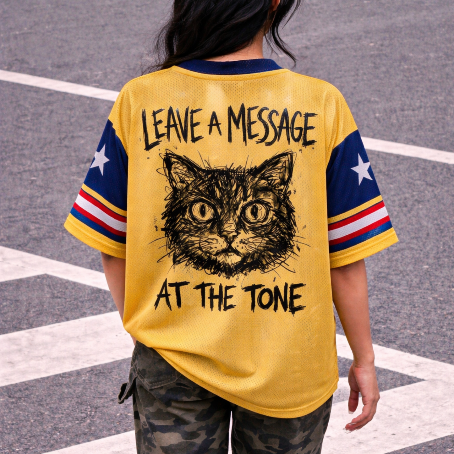 ChaoticClub If You Need Me Don’t Cat Meme Mesh Jersey, vintage athletic oversized jersey on yellow and navy blue breathable mesh featuring a black cat sitting on a chair with "if you need me, don't" funny sarcastic text.