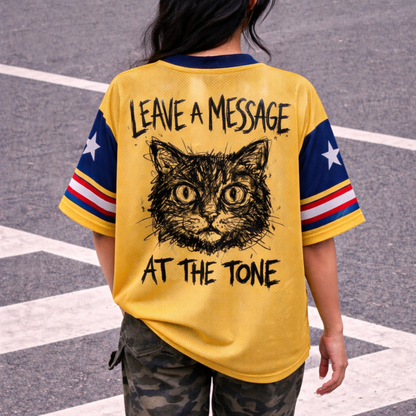 ChaoticClub If You Need Me Don’t Cat Meme Mesh Jersey, vintage athletic oversized jersey on yellow and navy blue breathable mesh featuring a black cat sitting on a chair with "if you need me, don't" funny sarcastic text.