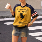 ChaoticClub If You Need Me Don’t Cat Meme Mesh Jersey, vintage athletic oversized jersey on yellow and navy blue breathable mesh featuring a black cat sitting on a chair with "if you need me, don't" funny sarcastic text.