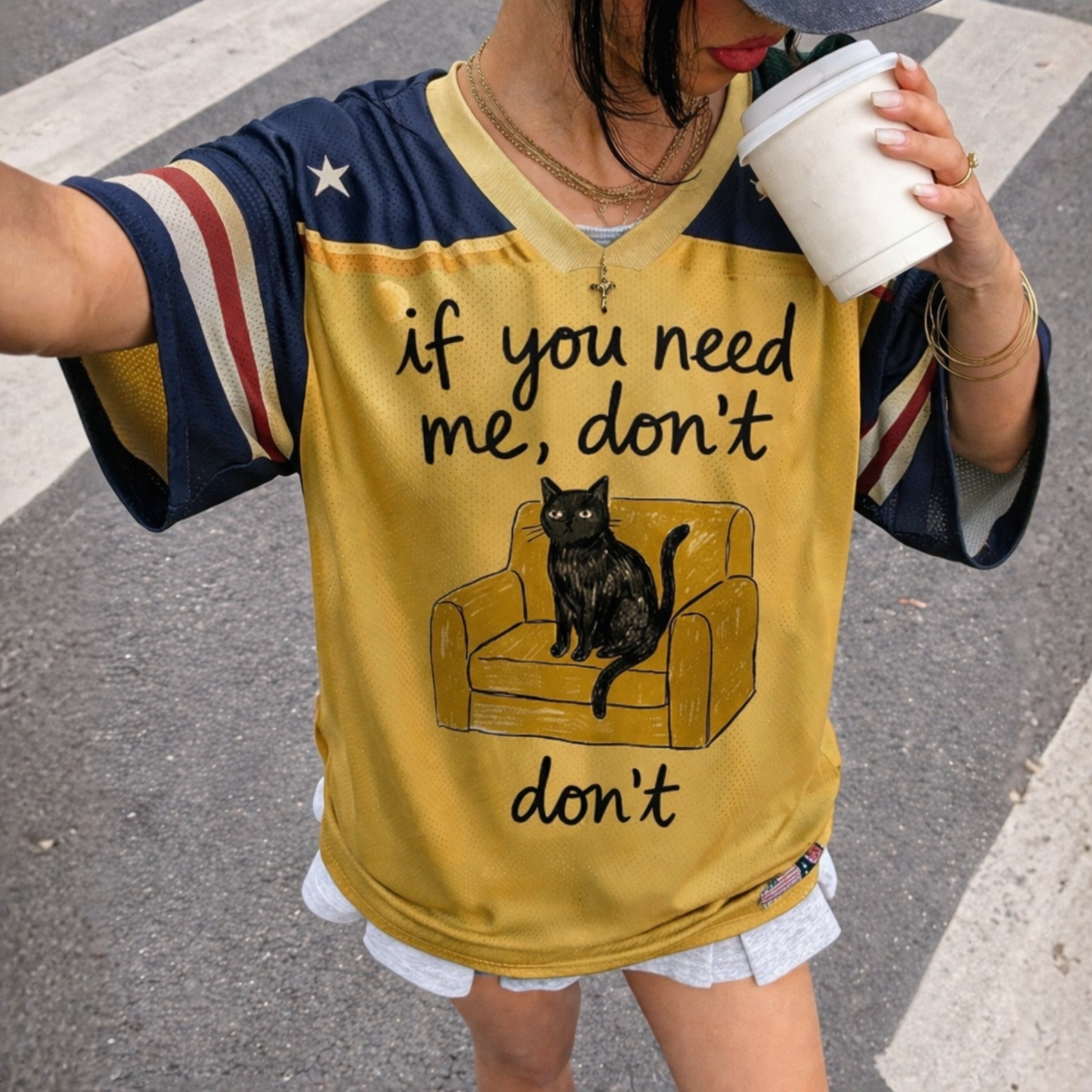 ChaoticClub If You Need Me Don’t Cat Meme Mesh Jersey, vintage athletic oversized jersey on yellow and navy blue breathable mesh featuring a black cat sitting on a chair with "if you need me, don't" funny sarcastic text.