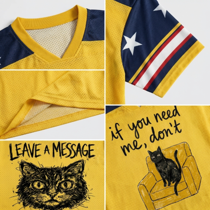ChaoticClub If You Need Me Don’t Cat Meme Mesh Jersey, vintage athletic oversized jersey on yellow and navy blue breathable mesh featuring a black cat sitting on a chair with "if you need me, don't" funny sarcastic text.