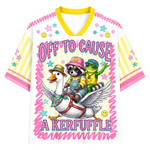 ChaoticClub sarcastic mesh jersey front angle showcasing Off to Cause a Kerfuffle text with playful cartoon animal illustration and star pattern design